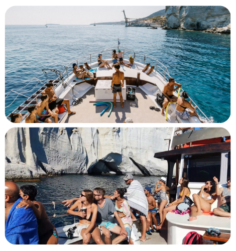 Two photos of a boat with people in swimsuits in a scenic ocean area.