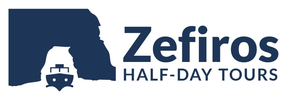 Silhouette of a cave with a boat and text: Zefiros Half-Day Tours.
