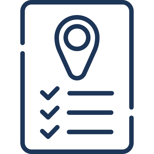 Outline of a paper with a location pin and checklist items.