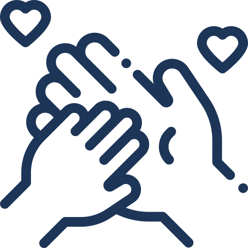Outline of adult hand holding a child's hand with hearts around.