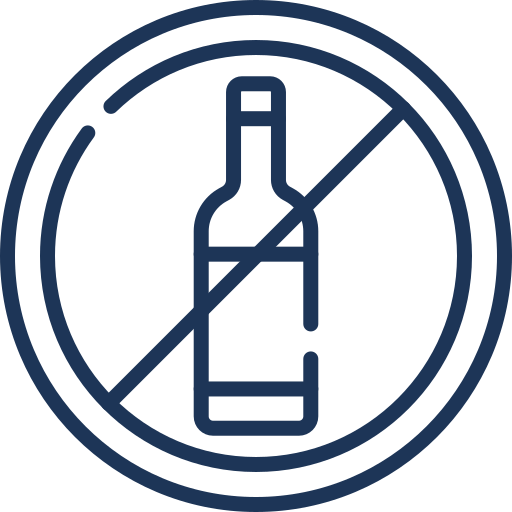 Icon of a bottle crossed out inside a circle, indicating no alcohol.